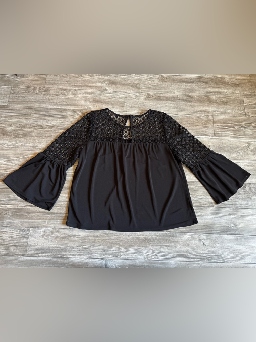 White House Black Market Black Lace Bell Sleeve Top